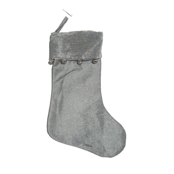 Silver Velvet Christmas Stocking with Jingle Bells Holiday Mantel Décor 17.5' - Picture 1 of 5